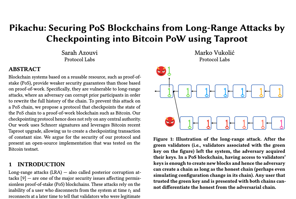 Research - Pikachu: Securing PoS Blockchains from Long-Range Attacks by
Checkpointing into Bitcoin PoW using Taproot