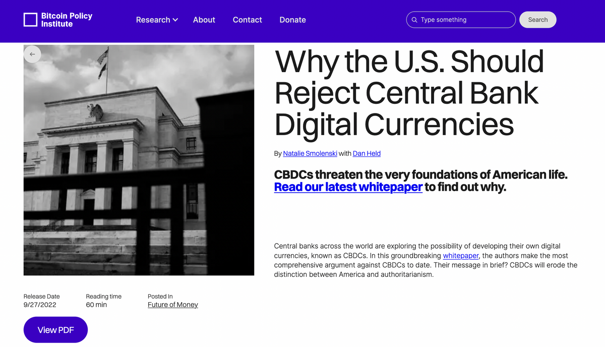 Bitcoin Policy Institute: Why the U.S. Should Reject Central Bank Digital Currencies