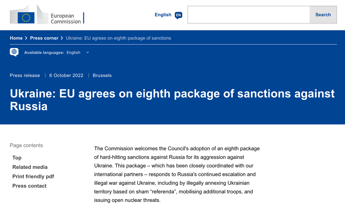 European Union Announces New Sanctions Against Russia Including a "Ban" on All Russian Bitcoin Wallets
