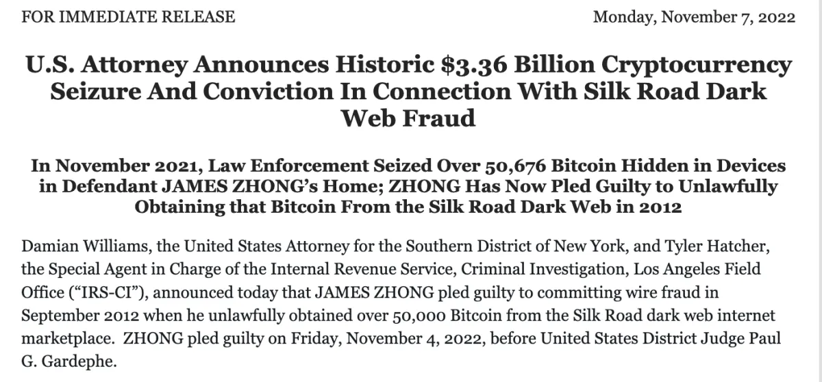 US Gov Announces Seizure of 50676.17 Bitcoin That Was Stolen From Silk Road