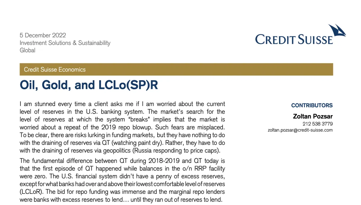 Zoltan Pozsar of Credit Suisse: Oil, Gold, and LCLo(SP)R