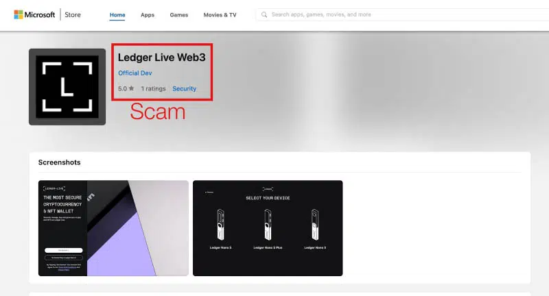 Fake Ledger Live App on Microsoft App Store Used to Steal 16.8+ BTC