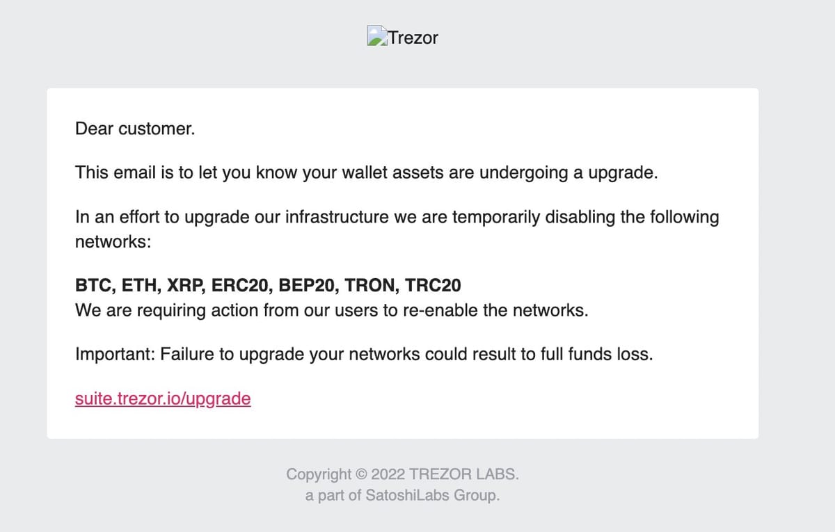 Trezor Warns of Unauthorized Email Impersonating Trezor Sent via Its Third-Party Email Provider