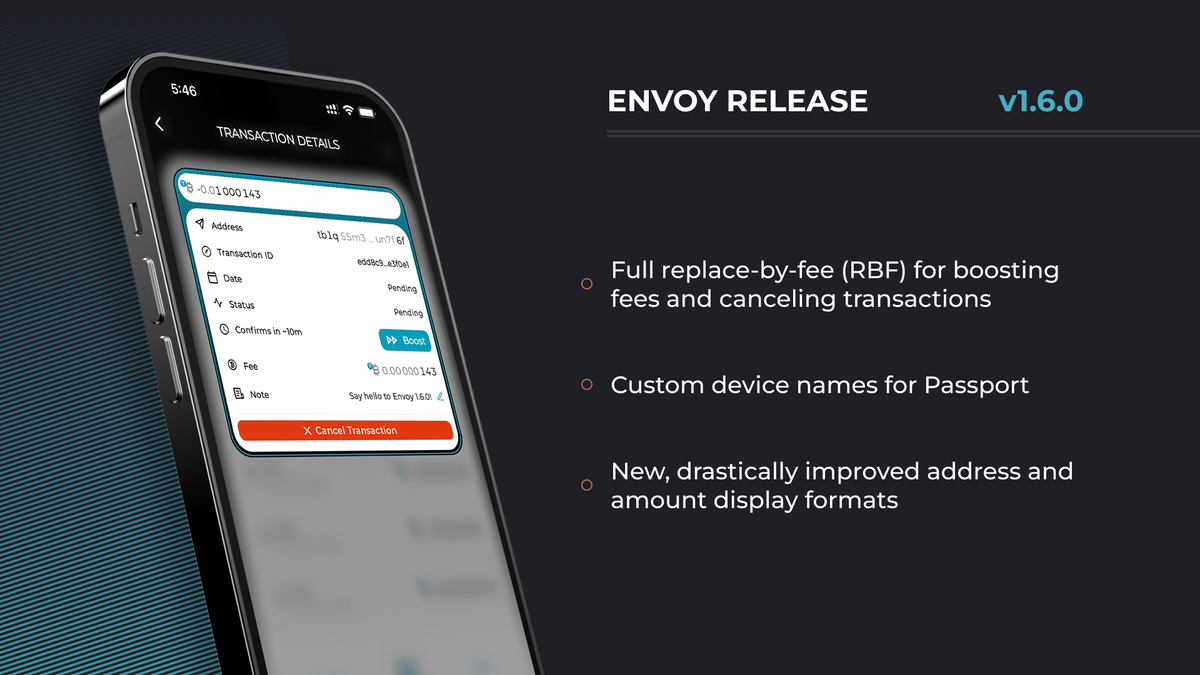 Envoy v1.6.0-beta: Full RBF Control, Address & Amount Display Redesign & More