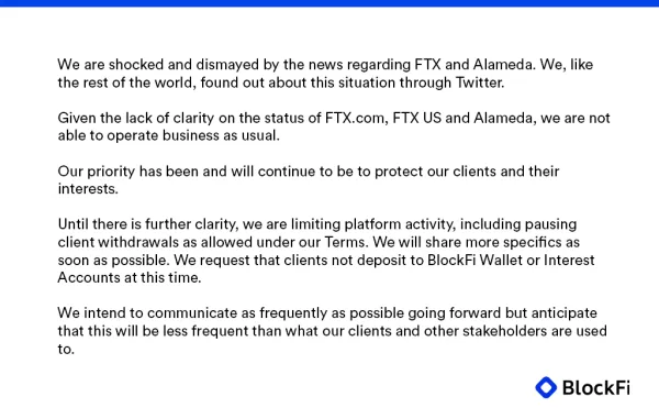 BlockFi Halts Withdrawals: Appears Insolvent as FTX Contagion Spreads