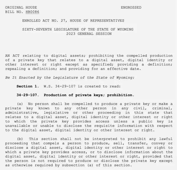 The U.S. State Of Wyoming Has Passed A Bill That Protects Its Citizens From Having To Disclose Private Keys
