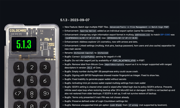 Coldcard Mk4 Firmware v5.1.4: Batch PSBT Sign, Bugfixes & More