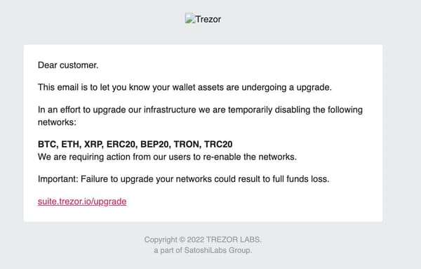 Trezor Warns of Unauthorized Email Impersonating Trezor Sent via Its Third-Party Email Provider